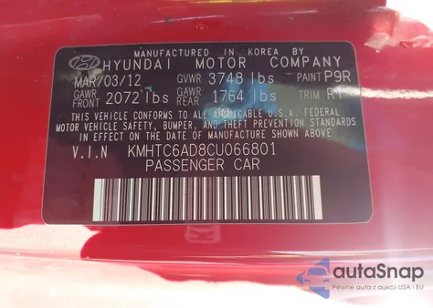 2012 Hyundai Veloster Base W/Gray z USA, uszkodzony, nr VIN KMHTC6AD8CU066801